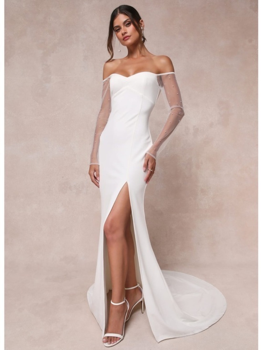 NWT Lulu’s Eternally Beloved Mesh Off-the-Shoulder Pearl Wedding Dress Small